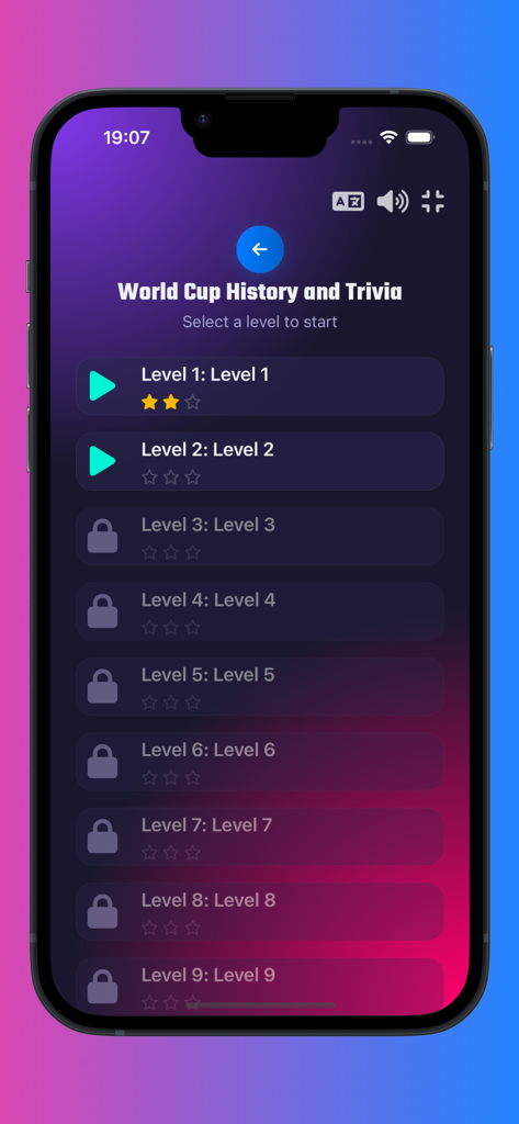 Football quiz games - World Cup History and Trivia level selection screen