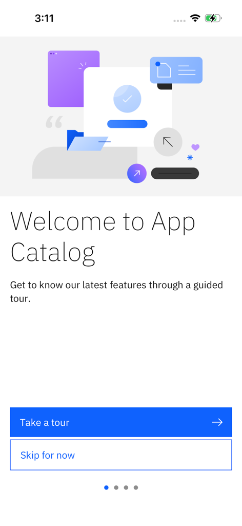 IBM MaaS360 App Catalog - The welcome screen of the IBM MaaS360 App Catalog mobile app featuring onboarding options.