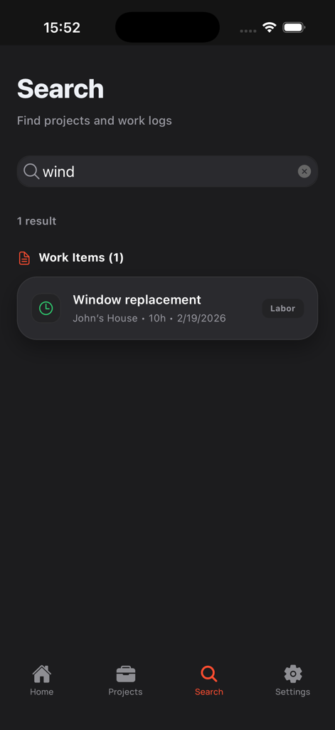 Workfolio - Work Track - A screenshot of the Workfolio app search screen showing a search result for a window replacement work item