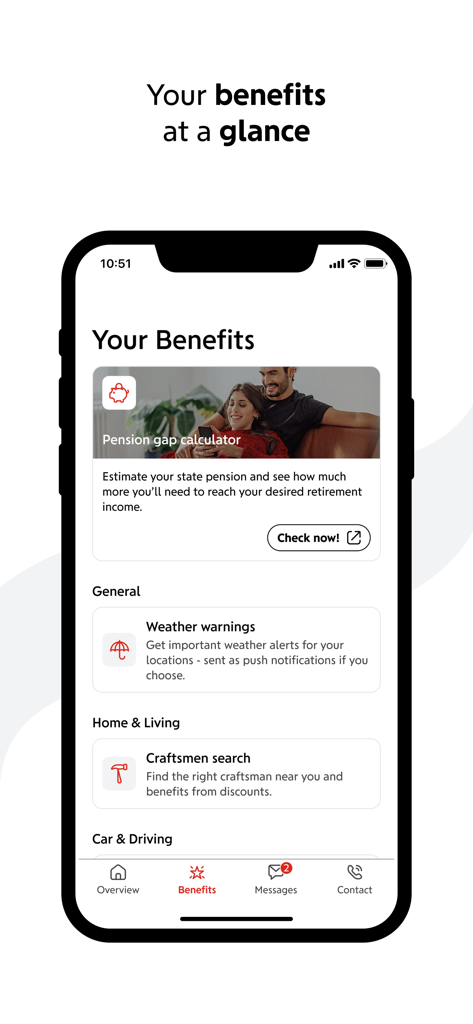 Schermata dell'app losleben che mostra i vantaggi assicurativi, tra cui un calcolatore del divario pensionistico e avvisi meteorologici