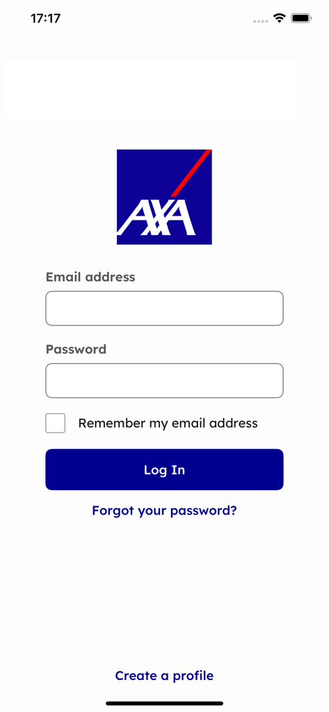 Virtual Care from AXA - Login screen of the Virtual Care from AXA app featuring email and password input fields