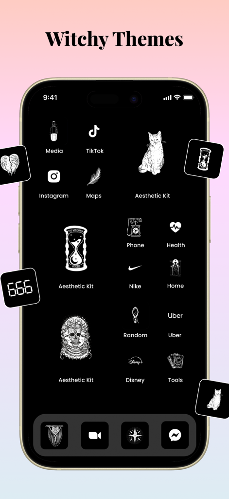 Aesthetic Kit: Photo Widget - Tema brujo para la pantalla de inicio del iPhone con iconos y widgets personalizados en blanco y negro