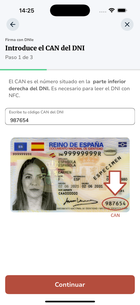 Pantalla de la app Autofirma para introducir el código CAN de un DNI electrónico español