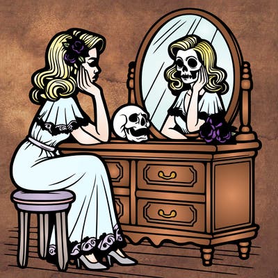 realistic woman sitting in front of a vanity with a skull reflected in the mirror