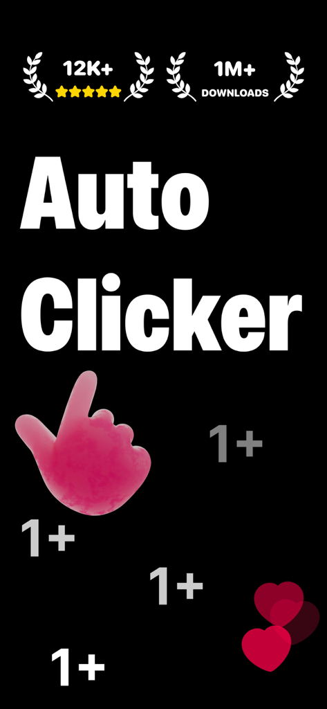 Tela promocional do aplicativo Auto Clicker mostrando mais de 1 milhão de downloads e 12 mil avaliações positivas