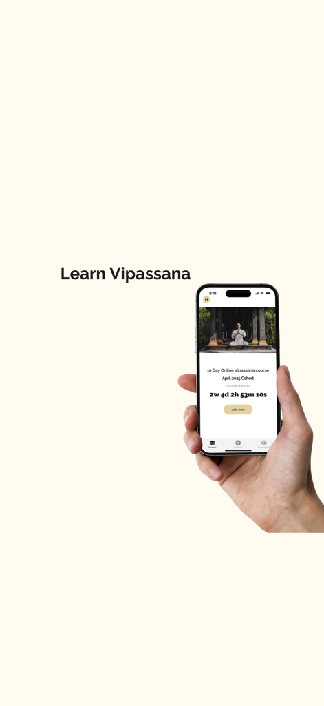 An iPhone displaying the YogiLab Vipassana app screen for a 10 day online meditation course with a countdown timer.