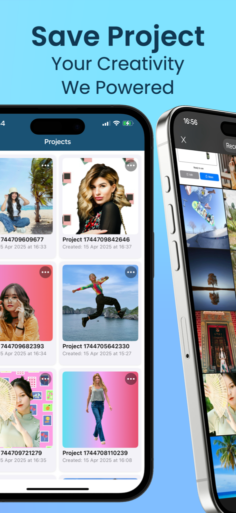 AI Background Eraser: CleanCut - さまざまな編集済み背景を持つ保存された写真プロジェクトのギャラリーを表示するモバイルアプリのインターフェイス。