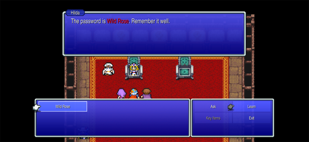 Captura de pantalla del juego de Final Fantasy II mostrando a la Princesa Hilda compartiendo la contraseña Rosa Salvaje a través del sistema de palabras clave