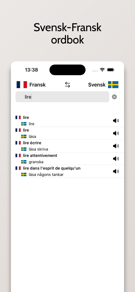 Fransk-Svensk ordbok - Captura de tela do aplicativo de dicionário francês-sueco mostrando traduções para a palavra 'lire' com opções de pronúncia em áudio.