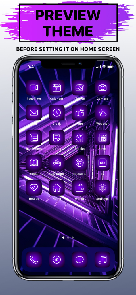 Vista previa de la pantalla de inicio del iPhone que muestra un tema y iconos estéticos morados de neón personalizados