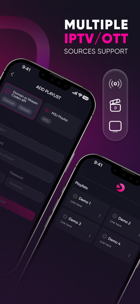 Fir IPTV - Interface de l'application Fir IPTV sur iPhone affichant l'écran d'ajout de liste de lecture avec prise en charge M3U et Xtream Code