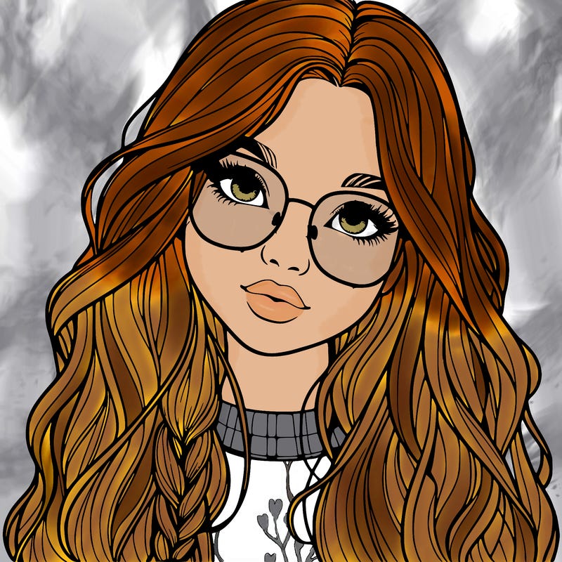 girl with long hair and freckles and glasses realistic