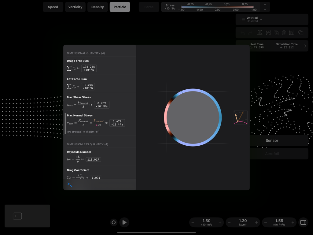 Wind tunnel simulation interface showing aerodynamic forces and numerical data