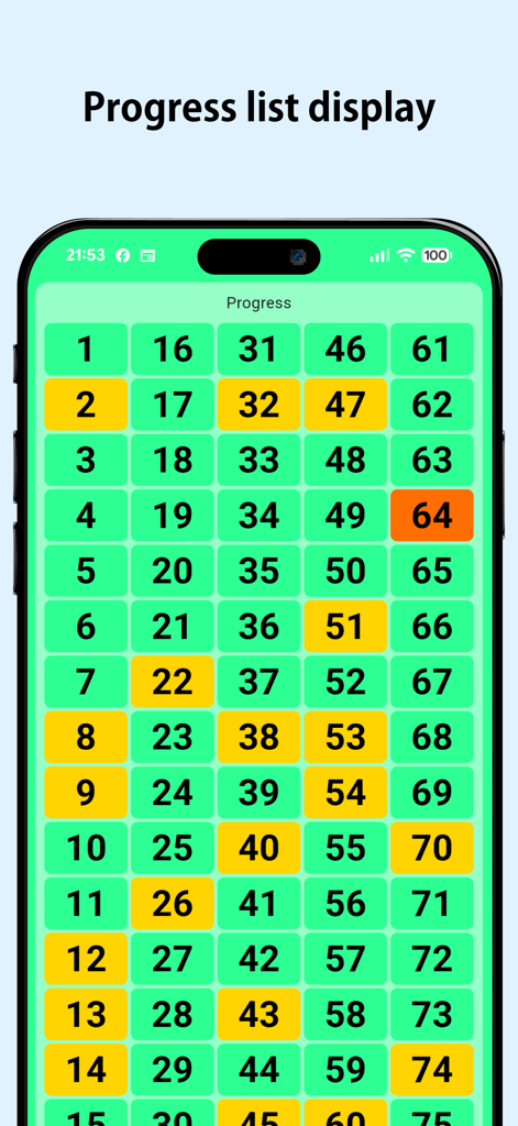 Una pantalla de cuadrícula que rastrea los números de bingo llamados y restantes del 1 al 75
