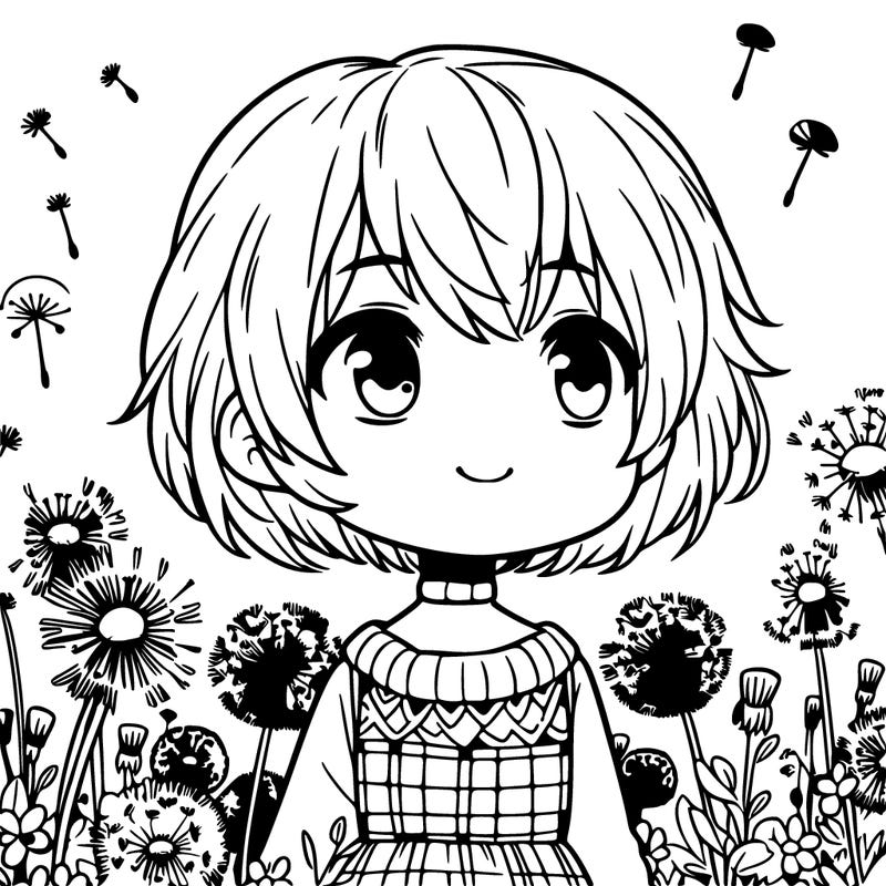 short haired girl in dandelion field