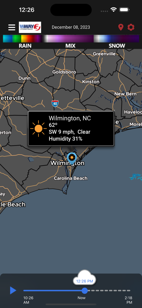 Mappa meteo per Wilmington NC nell'app WWAY TV3 StormTrack 3 che mostra le condizioni attuali di 62 gradi e cielo sereno