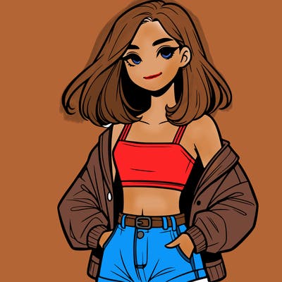 a realistic girl with a crop top and short shorts in an open jacket