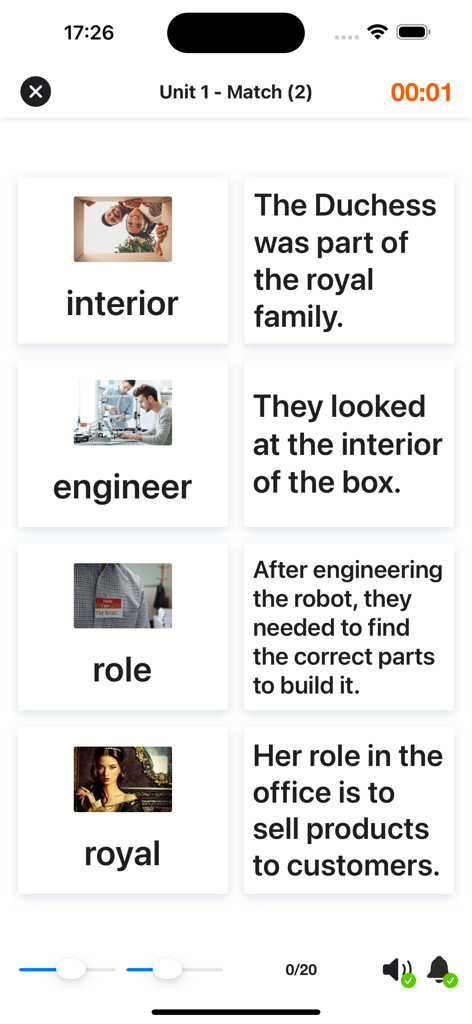 4000 Essential English Words ⑶ - Un ejercicio de emparejamiento de vocabulario en la aplicación 4000 Palabras Esenciales en Inglés que muestra palabras y oraciones de ejemplo.