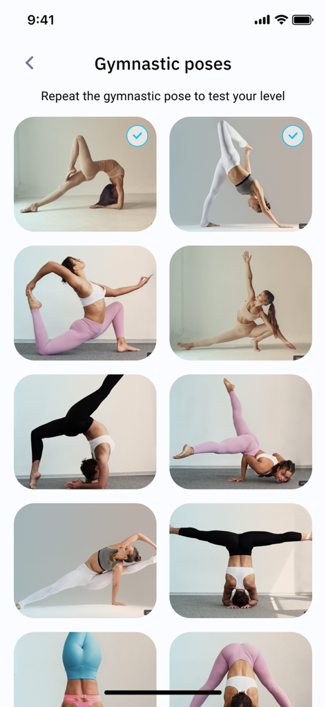 A collection of advanced gymnastic poses and stretching exercises shown in a grid layout to test flexibility levels.