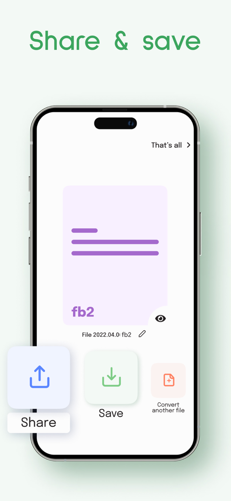 Screenshot of the PDF Converter app showing options to share or save a converted file