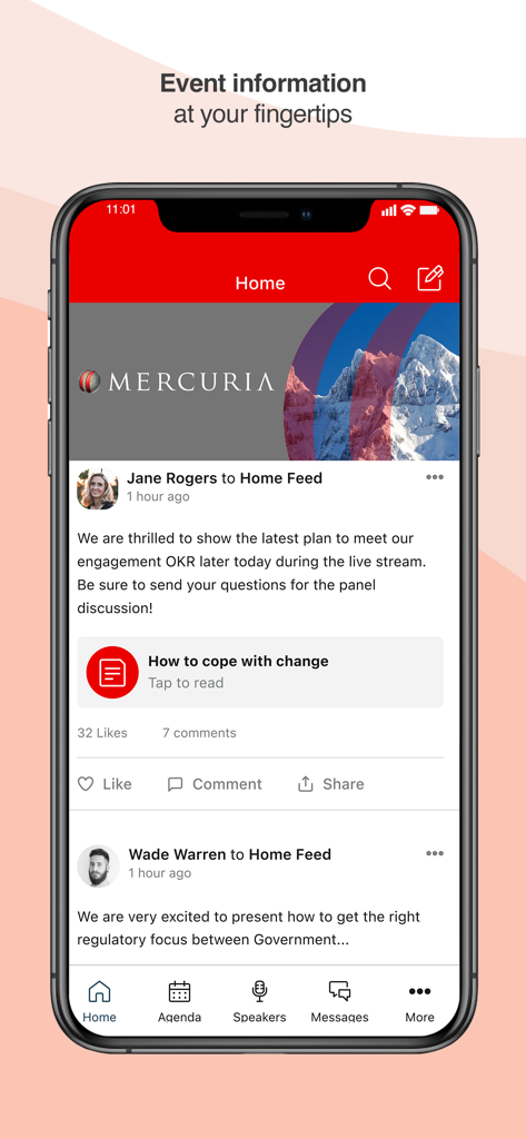 Mercuria Group - Tela inicial do aplicativo Mercuria Group mostrando um feed social para atualizações e comunicação de eventos corporativos.
