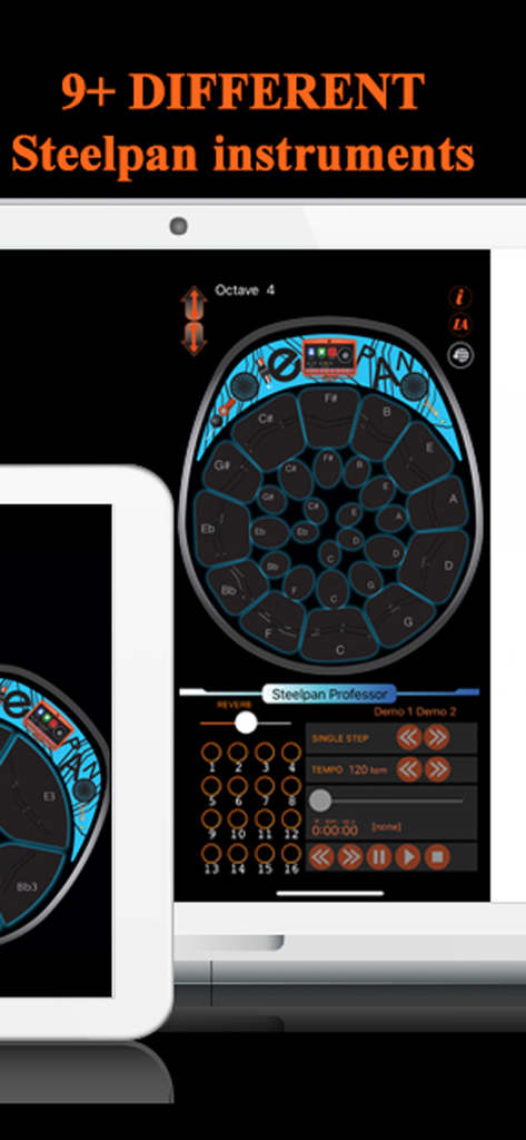 Steelpan App PRO V2 - Steelpan App PRO V2 user interface displaying a virtual instrument layout and learning tools on a tablet
