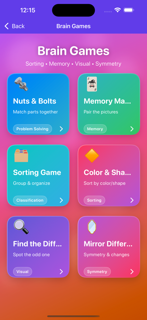 Autism Play Garden - Brain Games menu in the Autism Play Garden app featuring sorting, memory, and visual activities for kids