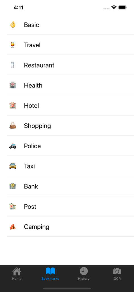 Liste von Übersetzungs-Kategorien für Reisende wie Reise Restaurant und Einkaufen