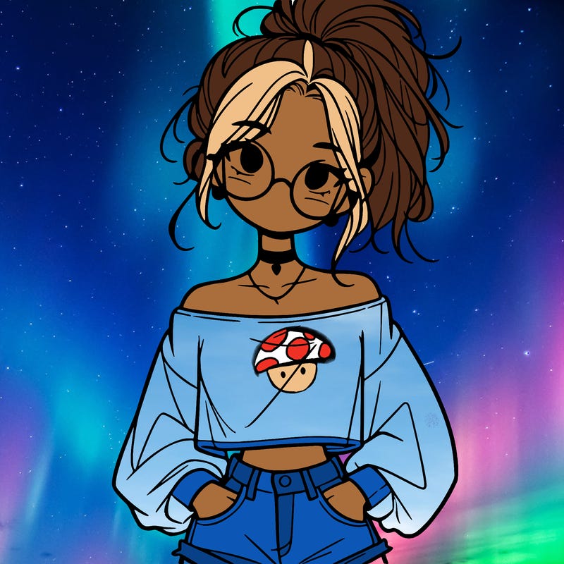 girl with a messy ponytail glasses a baggy crop top and jean shorts