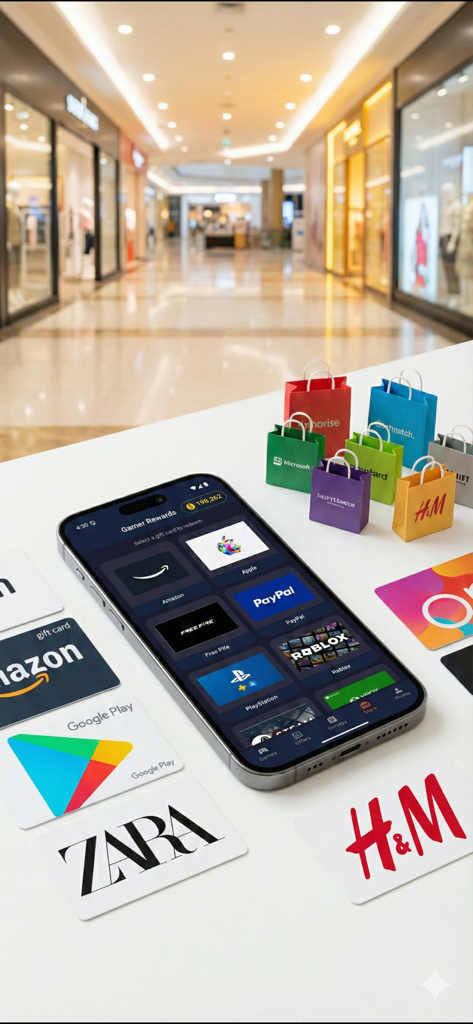 Smartphone che mostra l'app Game Rewards con opzioni di buoni regalo come Amazon e Roblox in un centro commerciale