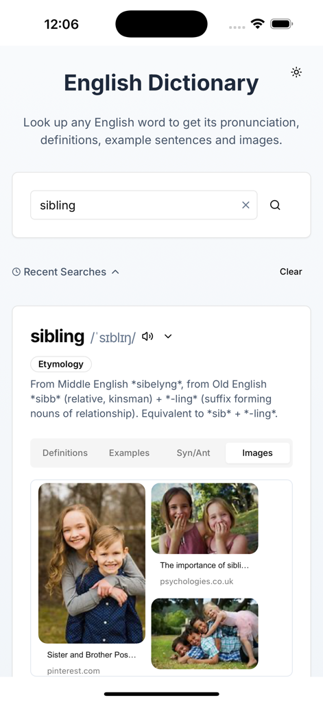 AI搭載英語辞書のインターフェース。単語「sibling」のエティモロジーと視覚的な画像の結果を表示。