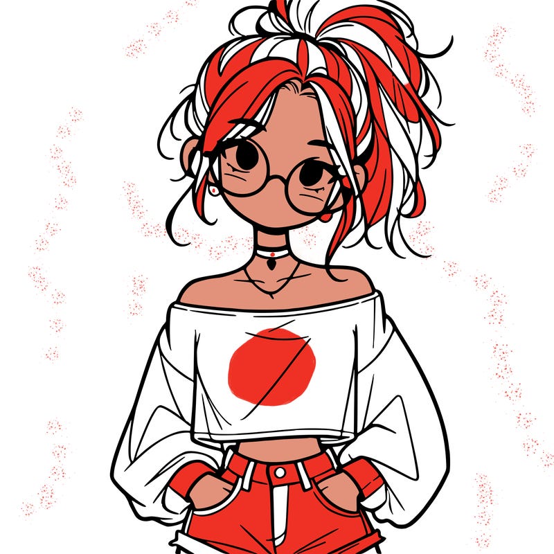girl with a messy ponytail glasses a baggy crop top and jean shorts