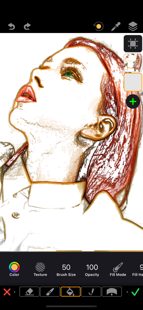 ReColor - Art Photo Editor - Una ilustración de retrato digital de una mujer con cabello rojo siendo editada en la interfaz de la app ReColor mostrando capas y herramientas de dibujo.