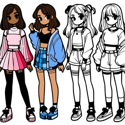 one girl with crop-top shirt and a jacket with a skirt, long socks and another girl with a shirt and pants with a jacket