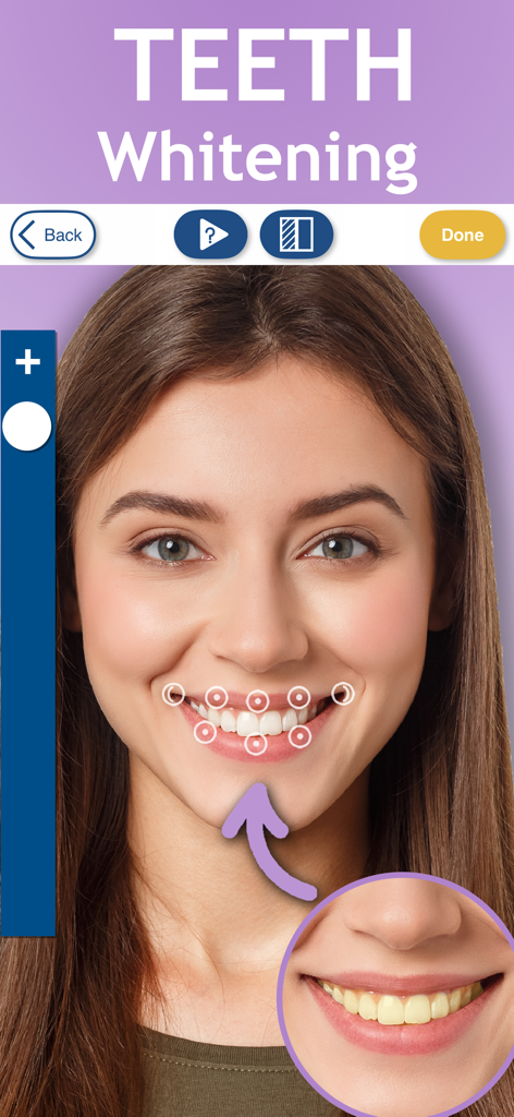 Interfaccia di sbiancamento dei denti in un'app di editing selfie che mostra una trasformazione di un sorriso più luminoso