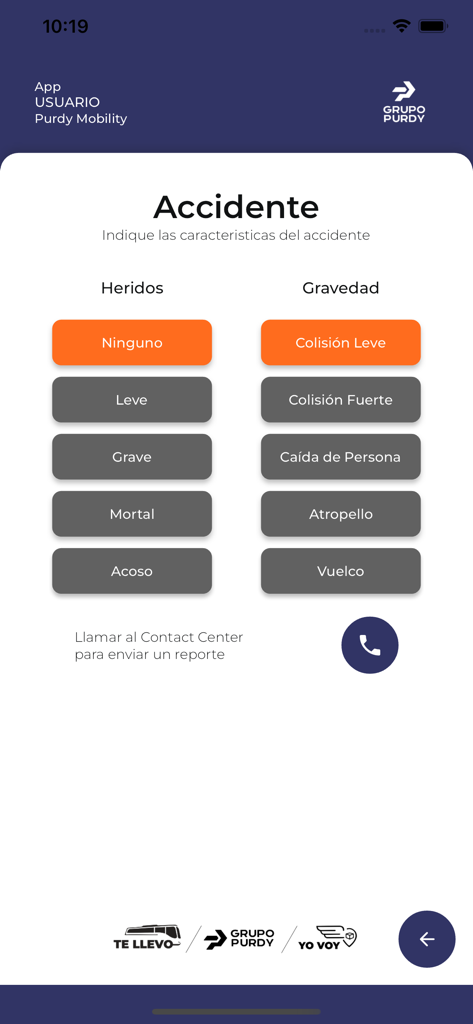 Purdy Mobility - Interfaz de reporte de incidentes para la aplicación de transporte Purdy Mobility