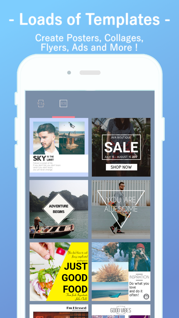 Demonstração de diversos modelos de cartazes e colagens para redes sociais e marketing