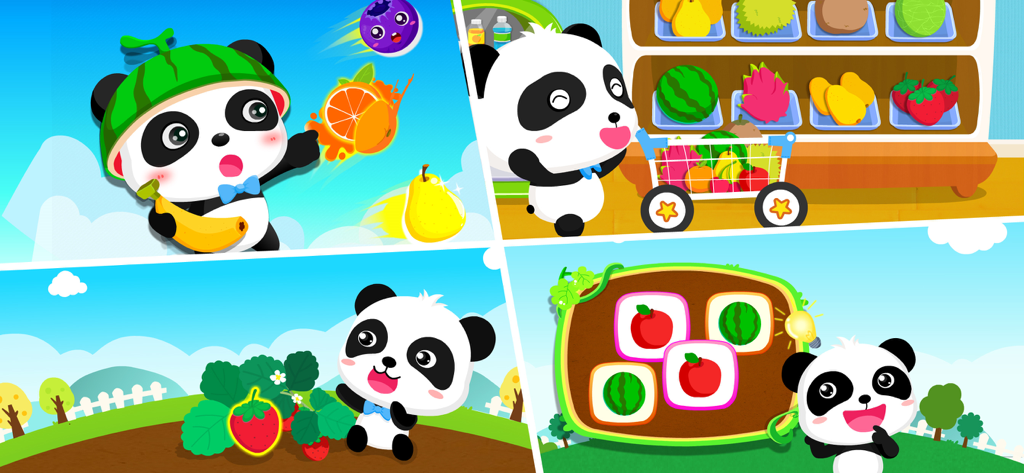 Panda  Learns about Fruit - Collage of scenes from the Panda Learns about Fruit app showing a baby panda picking fruit shopping at a market and playing a memory game