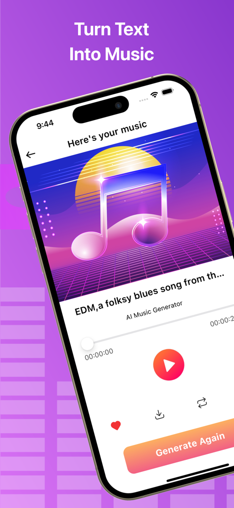 Interface do aplicativo gerador de música IA mostrando uma faixa gerada a partir de um prompt de texto