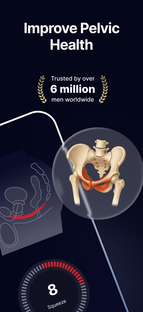 Grafik der Beckenanatomie und ein Timer für Quetschübungen auf dem Bildschirm der Kegel Men App.