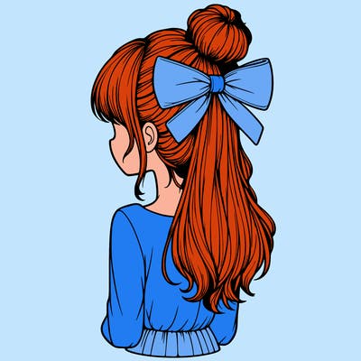 realistic girl  with hip length hair a bun and a big bow on the back of head