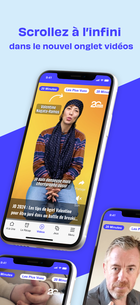 20 Minutes, news en continu - Captura de pantalla de la aplicación de noticias 20 Minutos que muestra la función de feed de vídeo de desplazamiento infinito en un smartphone