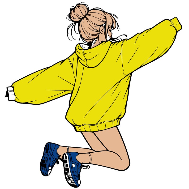 realistic girl jumping with a bun and oversized sweatshirt