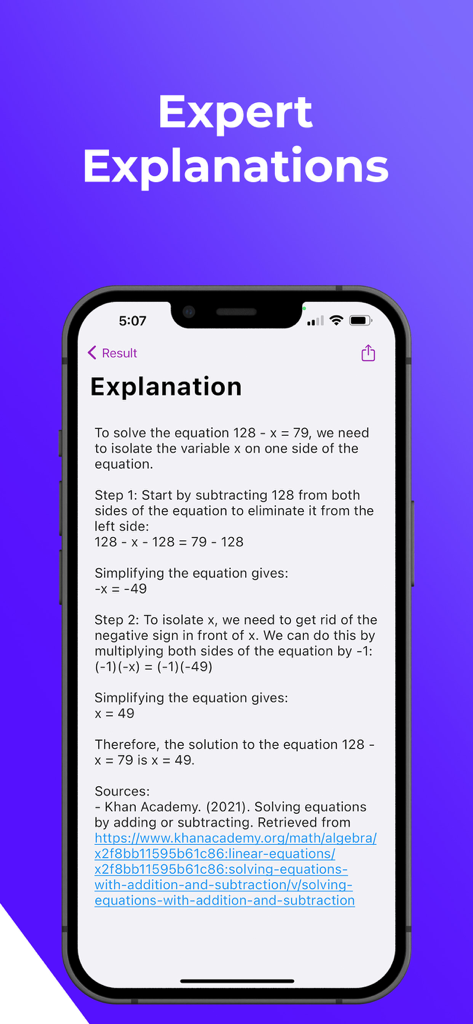 Step by step math equation explanation in the ScanSolve app