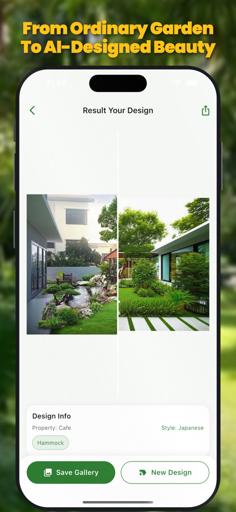 AI Garden Design landscape - AI garden design app interface showing a Japanese style landscape transformation result for a cafe outdoor space.