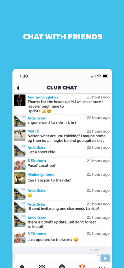 자전거 선수들이 소통하고 그룹 라이딩을 계획하는 모습을 보여주는 Zwift Companion 앱 클럽 채팅 화면
