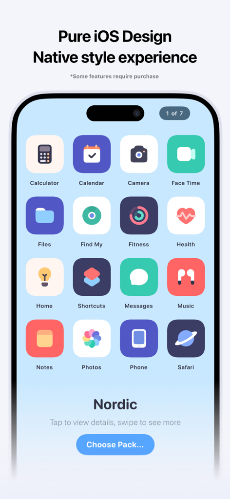 Koco Widgets - Island Custom - iPhone screen showing a minimalist Nordic icon pack with clean and colorful app designs