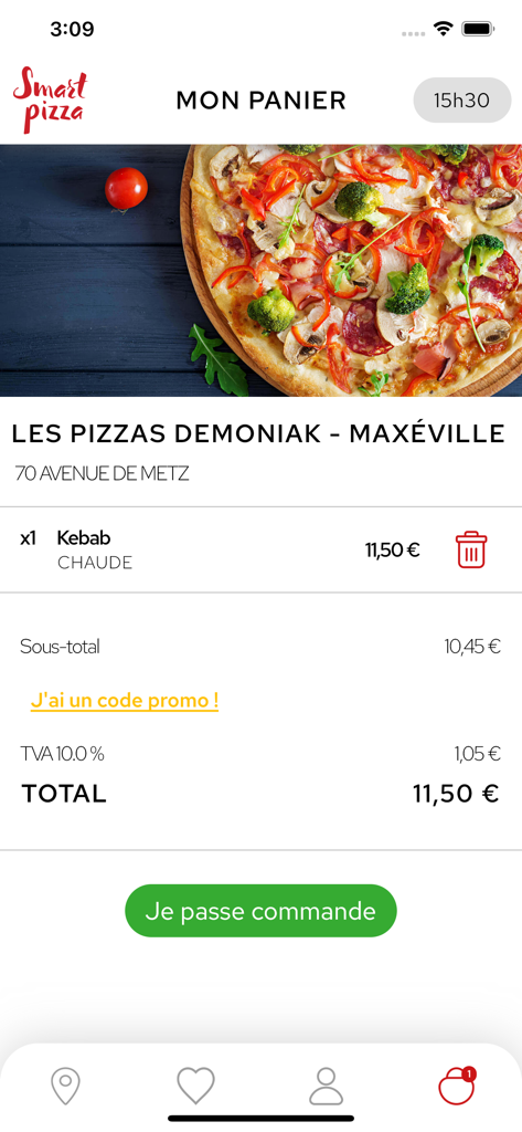 Smart Pizza - Smart Pizza app checkout screen showing a pizza in the cart