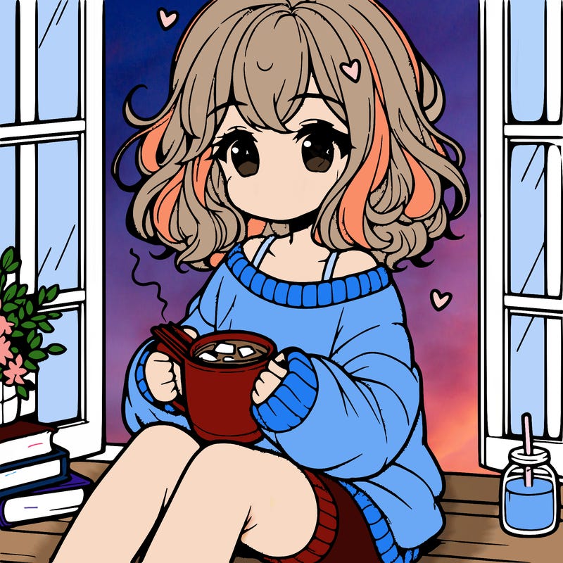 cute anime girl reading book and drinking hot chocolate from mug with loose wavy hair wearing a baggy sweatshirt and shorts sitting by windowsill looking out
