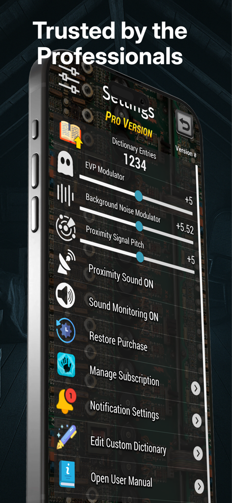 Interface of the Ghost Hunting Tools app pro version showing advanced settings like EVP modulator and custom dictionary entries